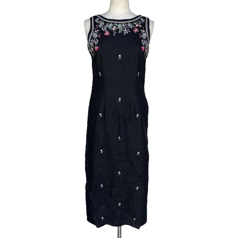 ULTRA DRESS NEW YORK Size 8 Black Linen Blend Embroidered Button Back Long Dress